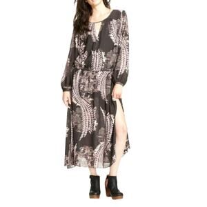 Free People Out Of The Woods Maxi Dress S Gray Raven Combo Side Slit Boho Hippie